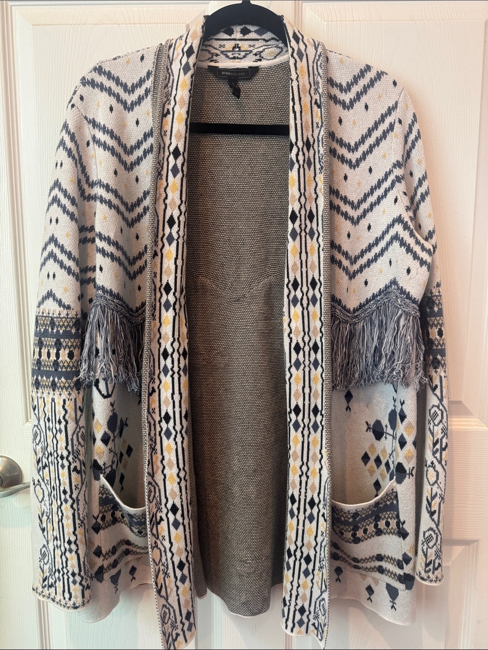 BCBGMAXAZRIA Patterned Fringe Cardigan Sweater